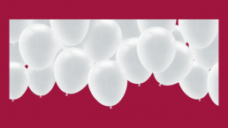 White balloons across the top of screen on Beverley Morris coloured background